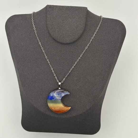 Chakra Moon Pendant Necklace on Silver Copper Chain - Picture 4 of 13